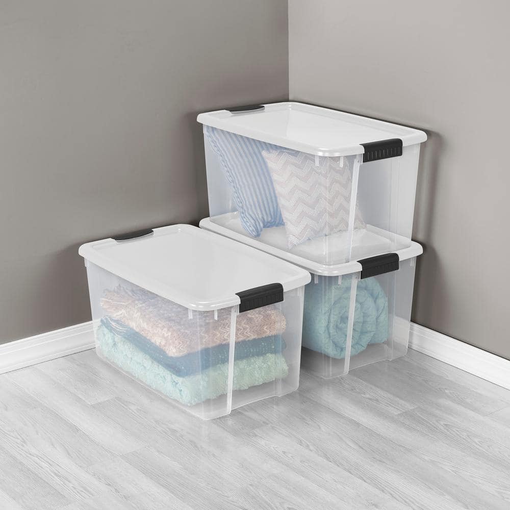 Clear 70 Quart Stackable Plastic Storage Bin with White Lid