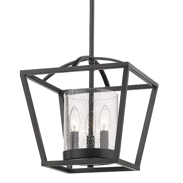 Golden Lighting Mercer 3-Light Matte Black Mini Chandelier with Matte Black Accents and Seeded Glass