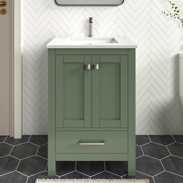 HOMEVY STUDIO Anneliese 24 in. W x 21 in. D x 35 in. H Single Sink Freestanding Bath Vanity in Forest Green with White Quartz Top