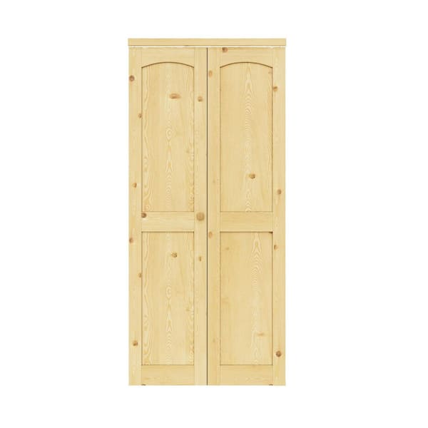 36 in. x 80 in. Arch Panel 2-Lite Solid Core Unfinished Pine Wood Interior Closet Bi-Fold Door with Hardware