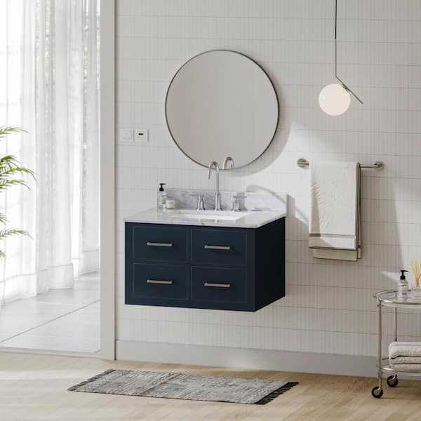 ARIEL Hutton 30 in. W x 22 in. D x 18.85 in. H Bath Vanity in Blue with Carrara White Marble Top