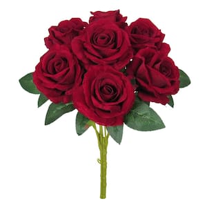 16 in. Red Artificial Velvet Rose Flower Stem Bush Bouquet (Set of 2)