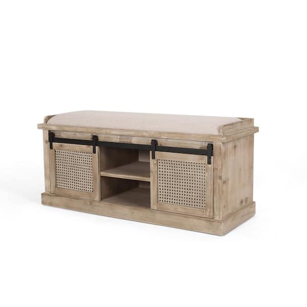 Noble House Boyes Beige and Natural Bench with Storage 19.25 in. H x 43.25 in. W x 15.75 in. D
