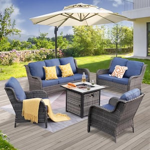 Vincent Gray 5-Piece Wicker Patio Fire Pit Outdoor Seating Sofa Set and with Denim Blue Cushions