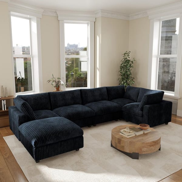 157.48 in. Square Arm 6-Piece Rabbit Velvet Plush Modular Free Combination Sectional Sofa with Ottoman in Black