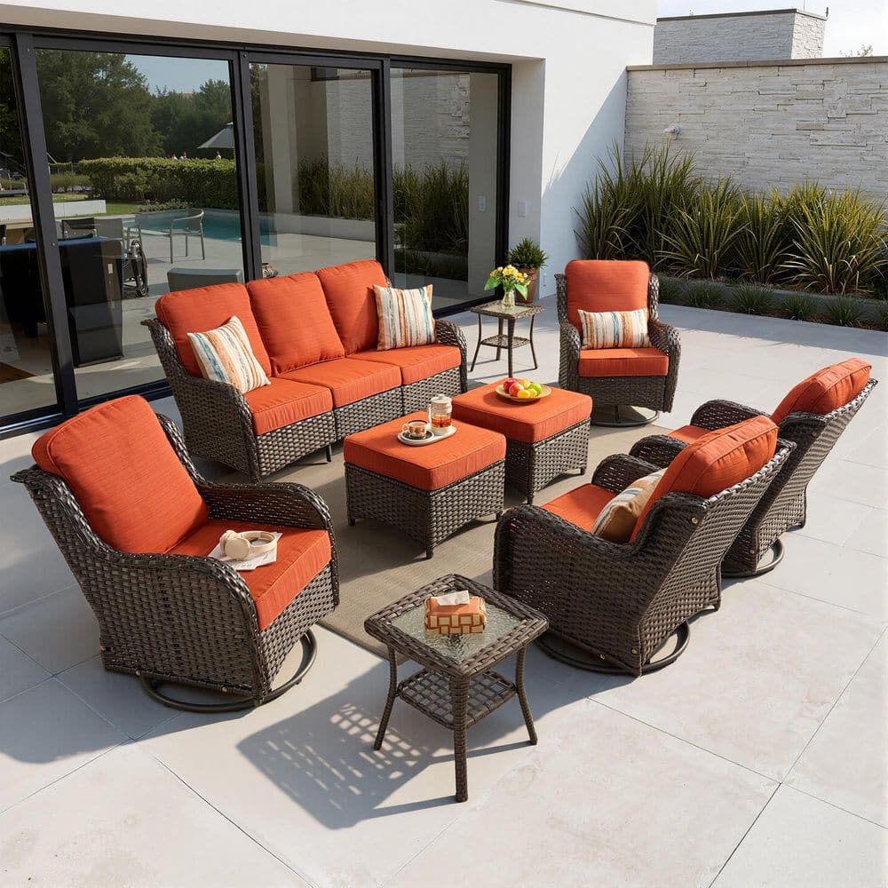 Nerium 9-Piece Wicker Outdoor Patio Conversation Set with Swivel Rocking Chairs and Orange Red Cushions