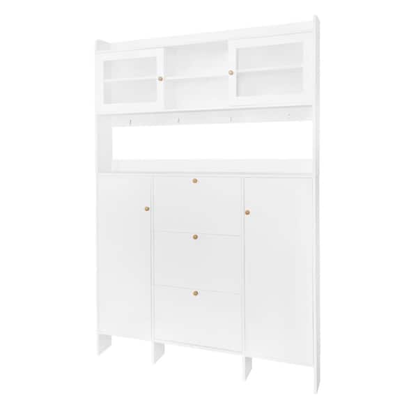 Nestfair 82 in. H x 55 in. W White Shoe Storage Cabinet with 3-Flip Drawers, 4-Hooks and Tempered Glass Doors