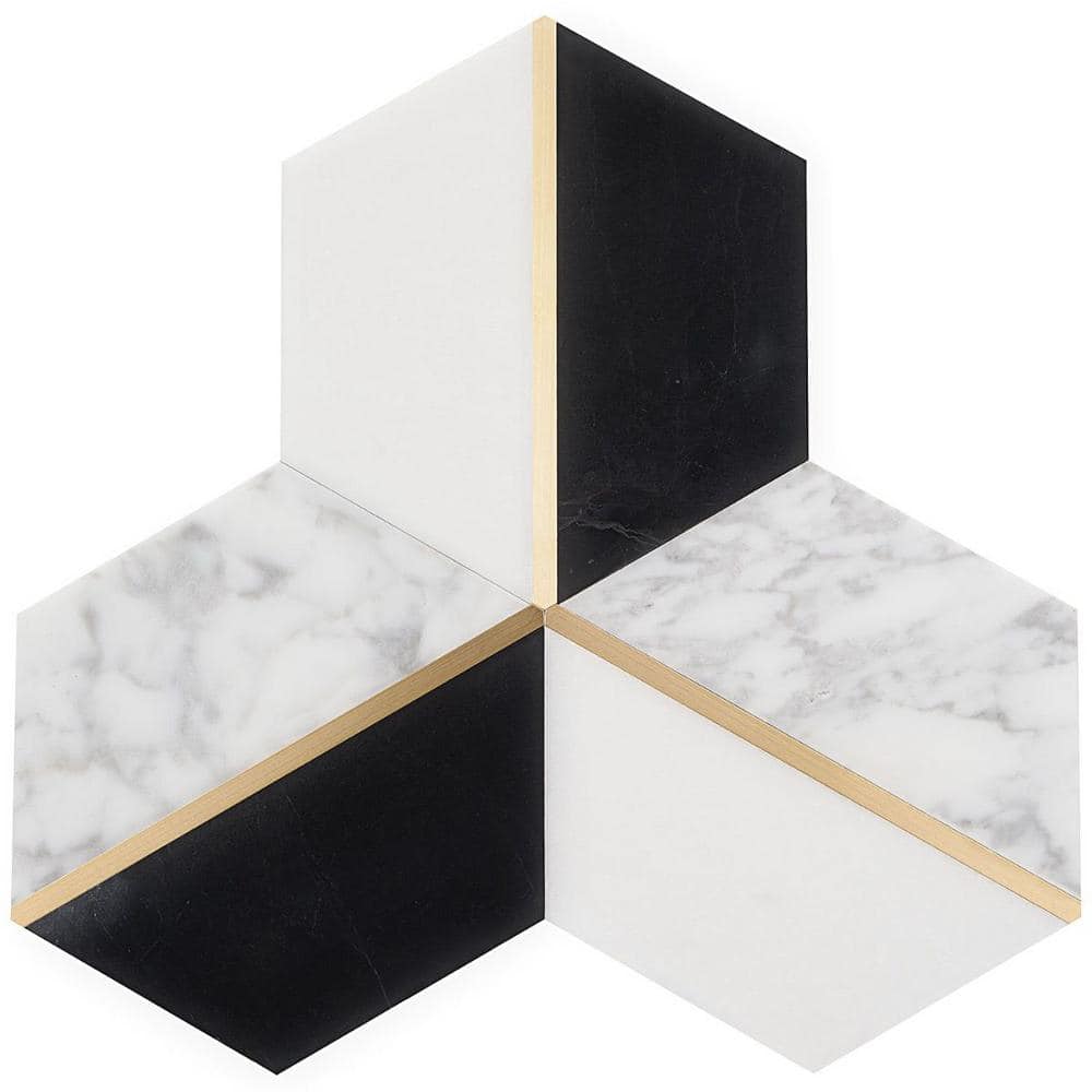 Millenium Nero Polished Marble and Brass Hexagon Mosaic Tile