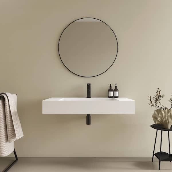 36 x 19 in. Solid Surface Wall Mount Bathroom Vessel Sink with Faucet Hole and Stainless Steels Drain Cover