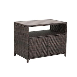 Brown Wicker Outdoor Side Table with 2 Doors and Open Shelf