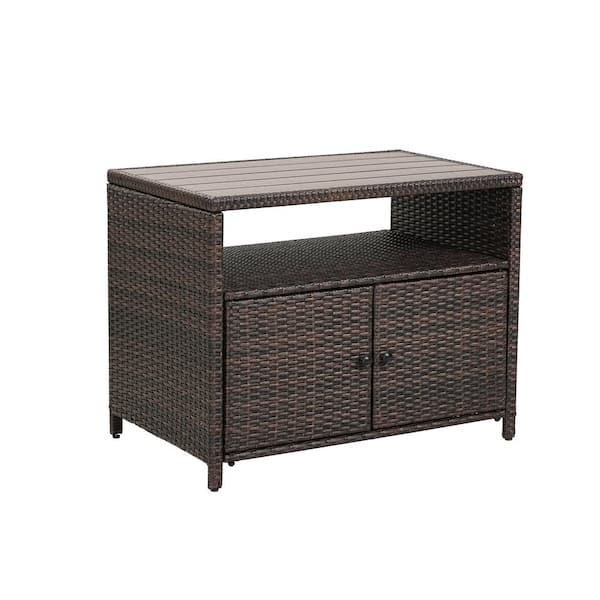 Cesicia Brown Wicker Outdoor Side Table with 2 Doors and Open Shelf