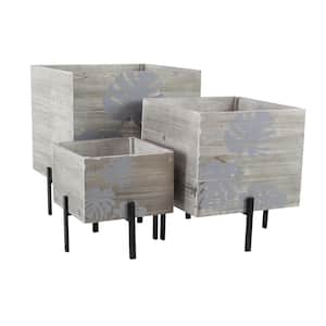 Rustic 13 in., 18 in. and 22 in. Wood and Iron Cube Planters with Stands (Set of 3)