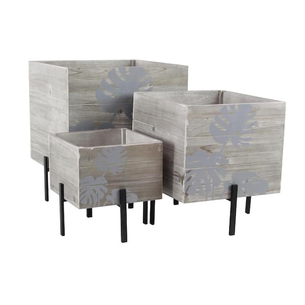 Litton Lane Rustic 13 in., 18 in. and 22 in. Wood and Iron Cube Planters with Stands (Set of 3)