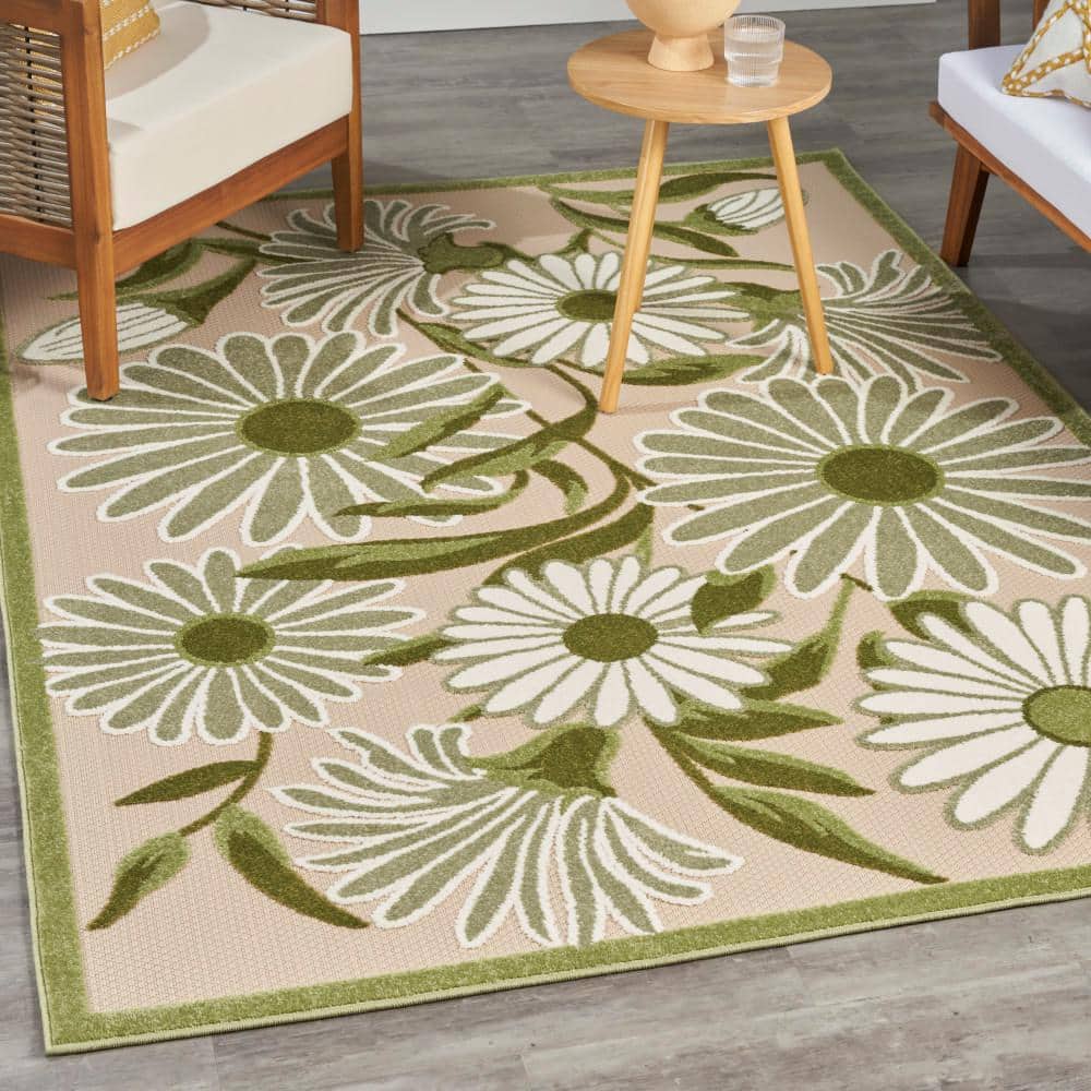 Ivory Green Daisy Flower Flatweave Outdoor Rug 5'3" x 7'5"