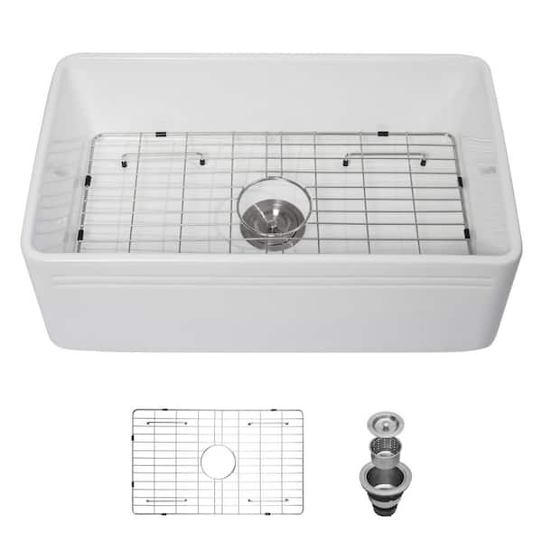 30 in. Farmhouse Single Bowl 16-Gauge White Ceramic Kitchen Sink with Basket Strainer