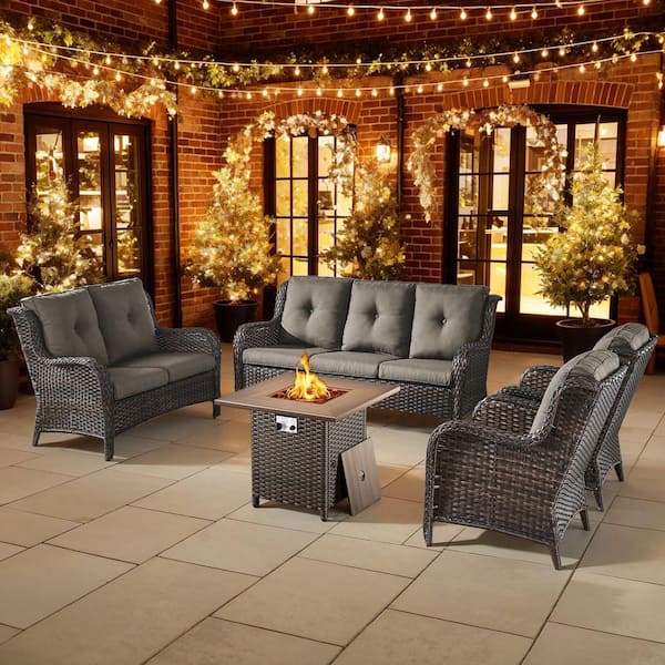 Pocassy 5-Piece Brown Wicker Outdoor Patio Fire Pit Seating Set with CushionGuard Gray Cushions