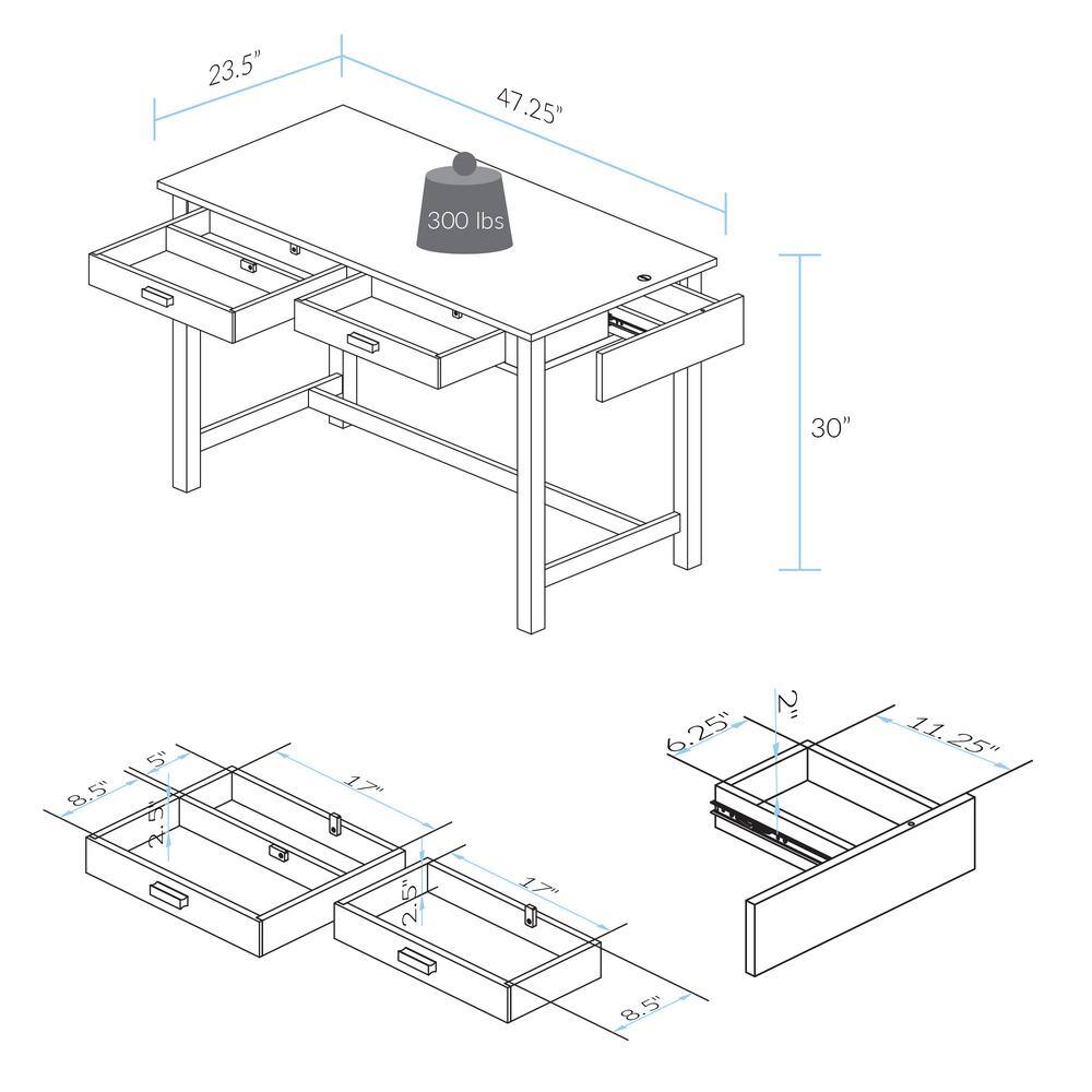 Jefferson Black Pine Wood Desk with Concealed Drawers