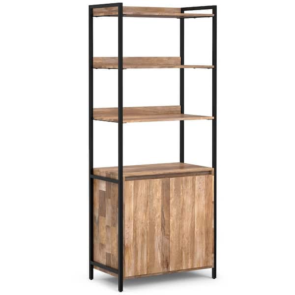 Simpli Home Kelsey 74 in. Tall Natural Solid Mango Wood Modern Industrial Large Bookshelf with Cabinet Bookcase
