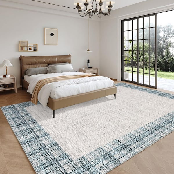 Light Blue 8 ft. x 10 ft. Non-Slip Border Print Rug Machine Washable Ultra Thin Soft for Bedroom Dining Room Office