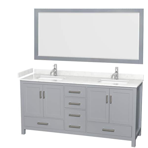 Wyndham Collection Sheffield 72 in. W x 22 in. D x 35 in. H Double Bath Vanity in Gray with Carrara Cultured Marble Top and 70" Mirror