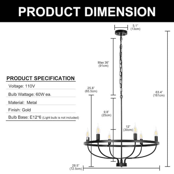 Briignite 6-Light Industrial Farmhouse Wagon Wheel Black