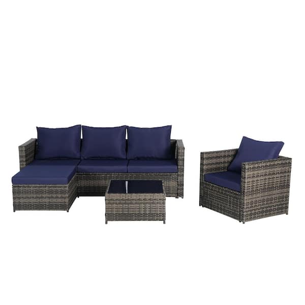 5-Piece Wicker Patio Conversation Sectional Sofa Set with Blue Cushions