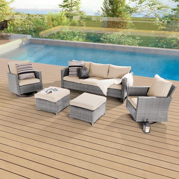 Sonkuki 5-Piece Patio Conversation Set Gray Wicker with Swivel Rocking Chair and Linen Flax Beige Thickening Cushions