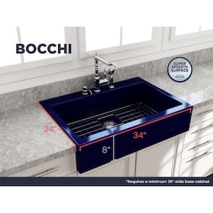 Nuova Sapphire Blue Fireclay 34 in. Single Bowl Drop-In Apron Front Kitchen Sink with Protective Grid and Strainer