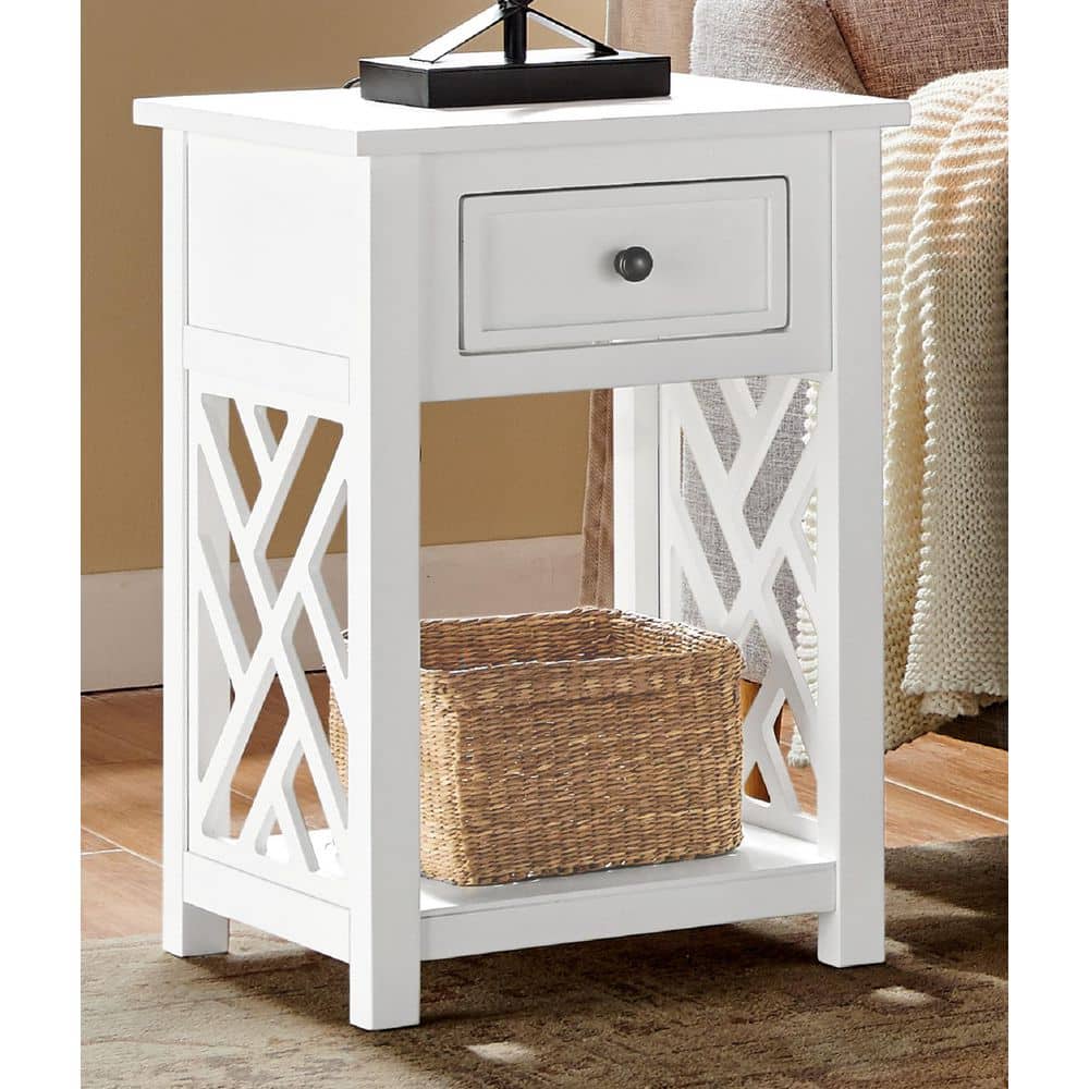 Coventry 15.75 in. Square Wood End Table with Drawer and Shelf, Traditional or Modern Style White Accent Table