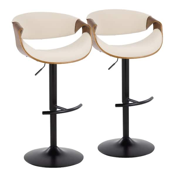 Lumisource Curvo 33.5 in. Cream Fabric, Walnut Wood and Black Metal Adjustable Bar Stool with Rounded T Footrest (Set of 2)
