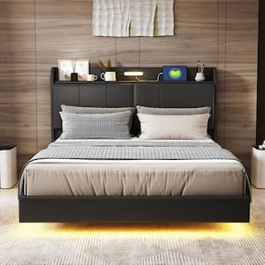 Black Wood Frame Queen Size Upholstered Floating Platform Bed with Storage Headboard, Touch Sensor Light and USB Charger