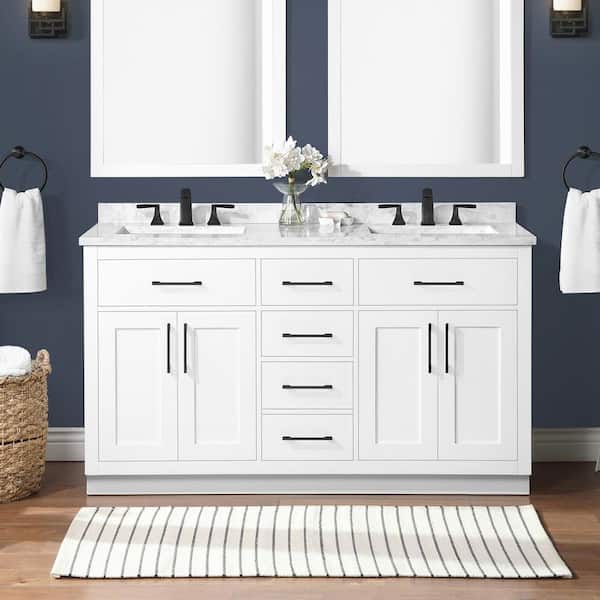 OVE Decors Athea 60 in. W x 22 in. D x 34 in. H Double Sink Bath Vanity in White with White Engineered Marble Top with Outlet