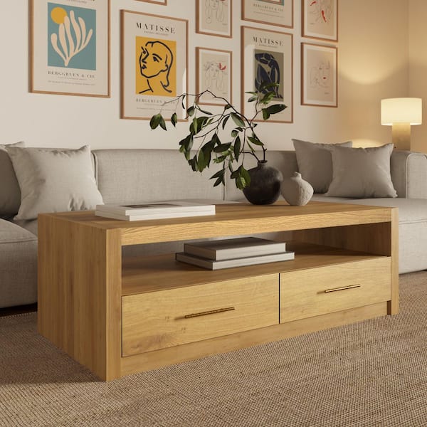 Dakota 51 in. Oak Rectangle Wood Coffee Table with Shelves