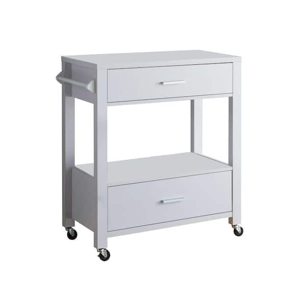 Benjara White 2-Drawer Wooden Kitchen Cart with Casters and 1 Open Shelf