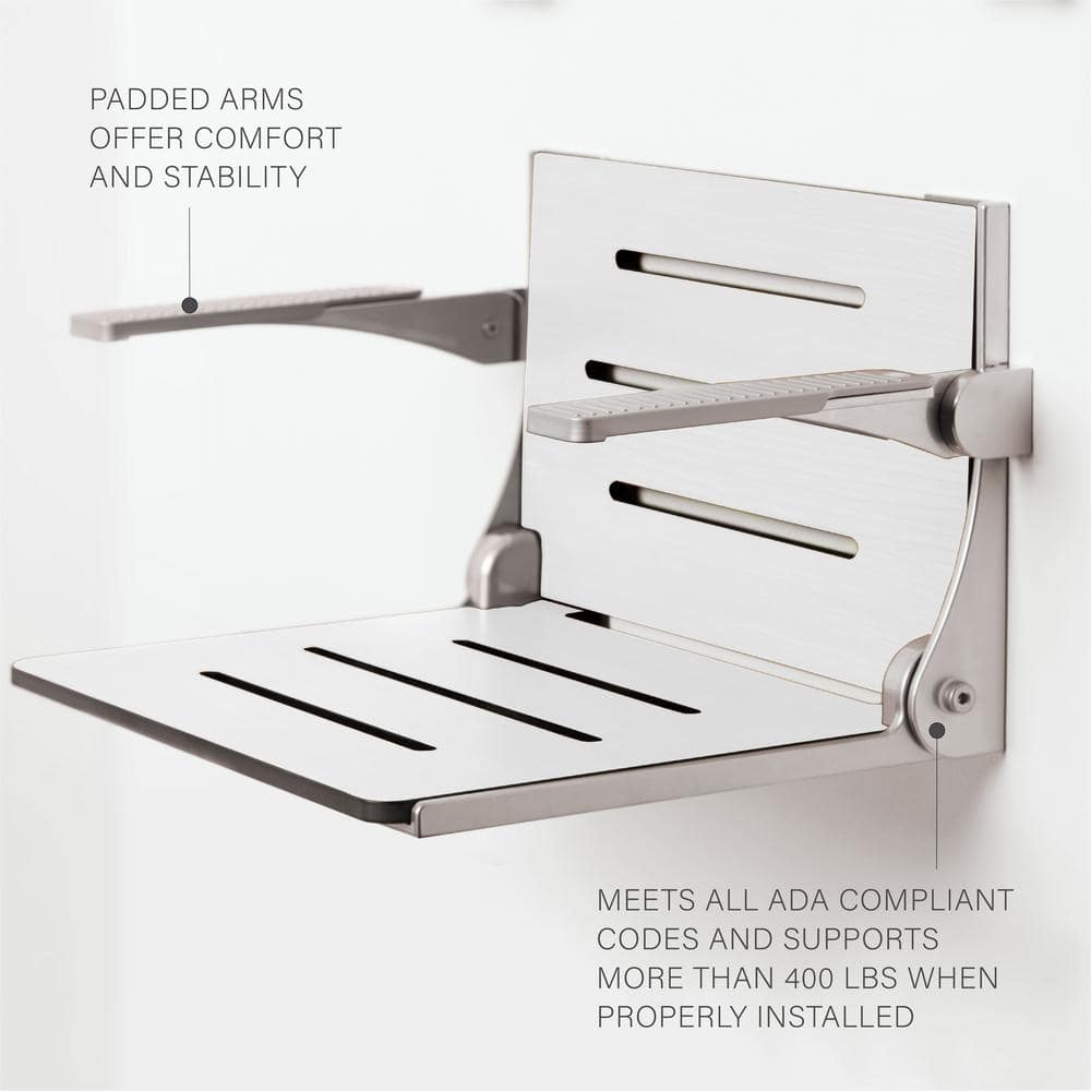 White Teak Folding Wall Mount Shower Seat with Arms