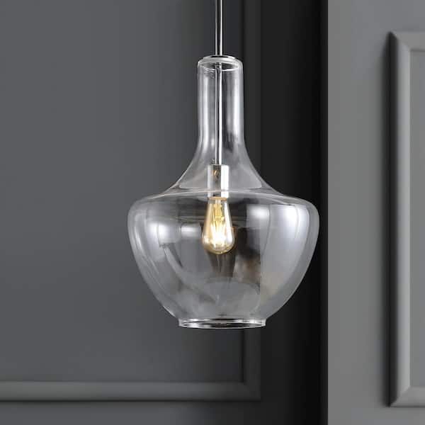 JONATHAN Y Watts 13.25 in. 1-Light Chrome/Clear Glass/Metal LED Pendant