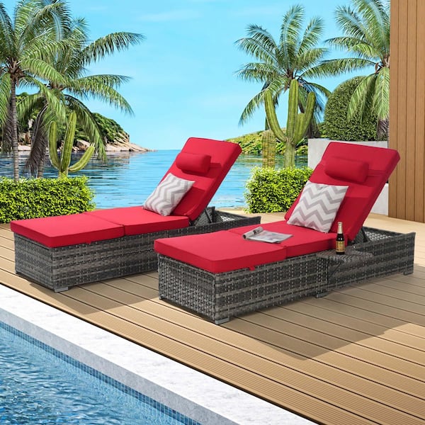 Tenleaf 2-Piece Wicker Outdoor Lounge Chair with Red Cushions, Adjustable Backrest, Table