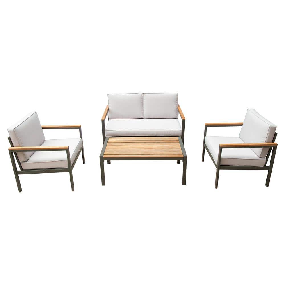 Ribe 4-Piece Aluminum Patio Set with Wood Accents and Beige Cushions