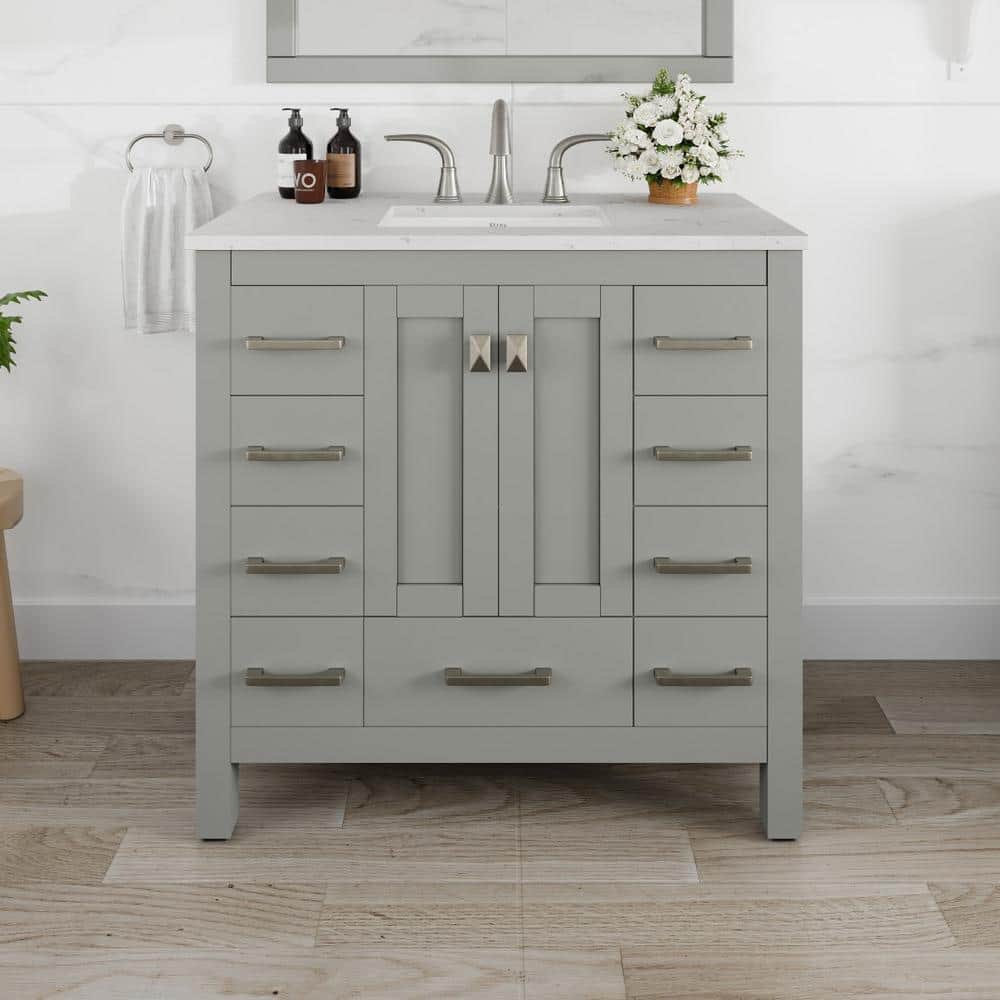 Eviva Hampton 36  Gray Transitional Bathroom Vanity w/ White Carrara Top