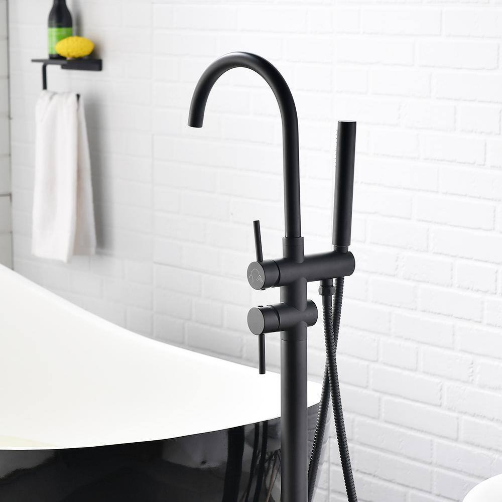 Matte Black Floor Mount Freestanding Tub Filler with Handheld Shower