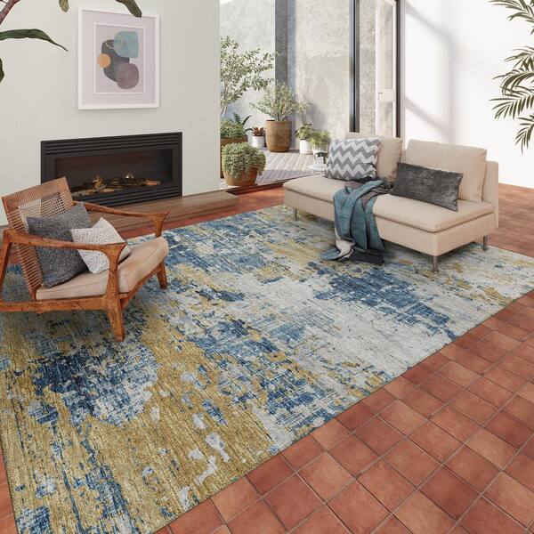 3'X5' Ocean Blue Hand Hooked Uv Treated Awning Stripes Indoor Outdoor Area Rug