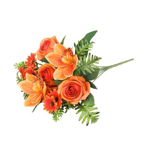 LIVING LUXURY 16 in. Orange Artificial Mixed Rose Cymbidium Orchid