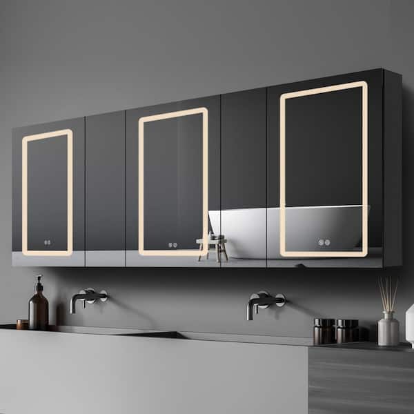 Zeafive 80 in. W x 30 in. H Rectangular Aluminum Anti-Fog Dimmable Black Smart Lighted Medicine Cabinet with Mirror for Bathroom