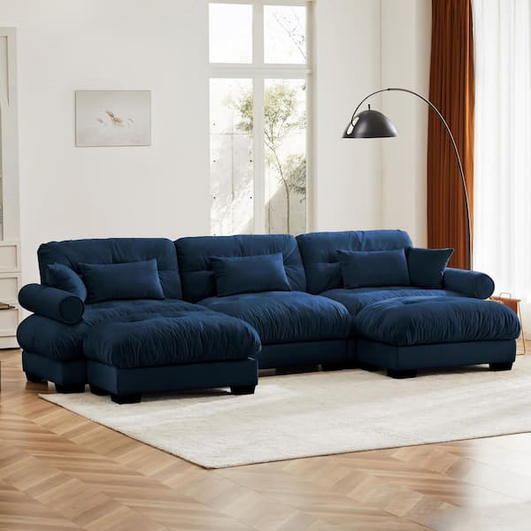 BLASTAR 130 in. Velvet 3-Seater Sectional Sofa with Round Bolster Arms and Modular Ottoman in Sapphire Blue