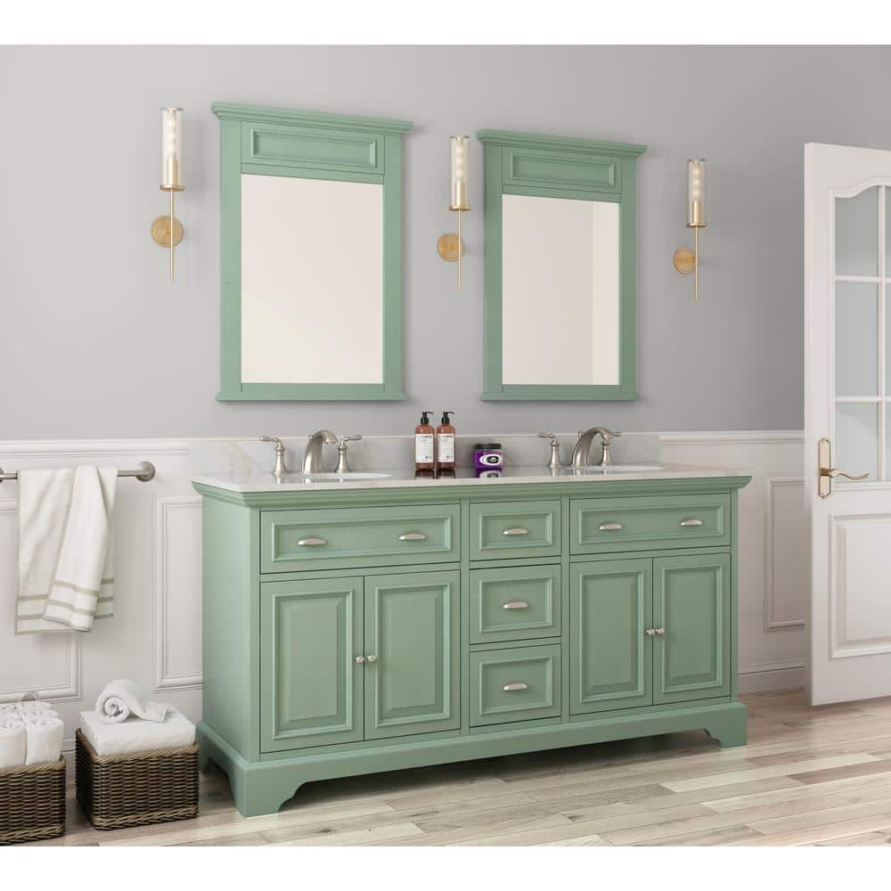 Home Decorators Collection Sadie 67 in. W x 22 in. D x 35 in. H Double Sink Freestanding Vanity in Light Cyan w/ Lightly Veined White Marble Top, Antique Light Cyan