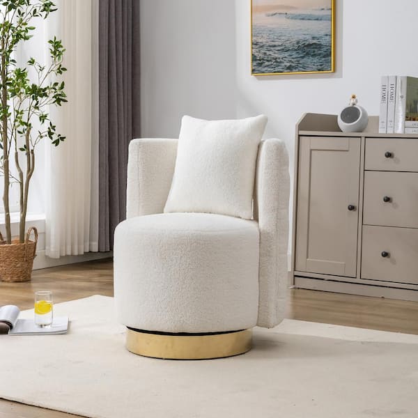 White Swivel Accent Barrel Chair, Modern Curved Tufted Back With Gold ...