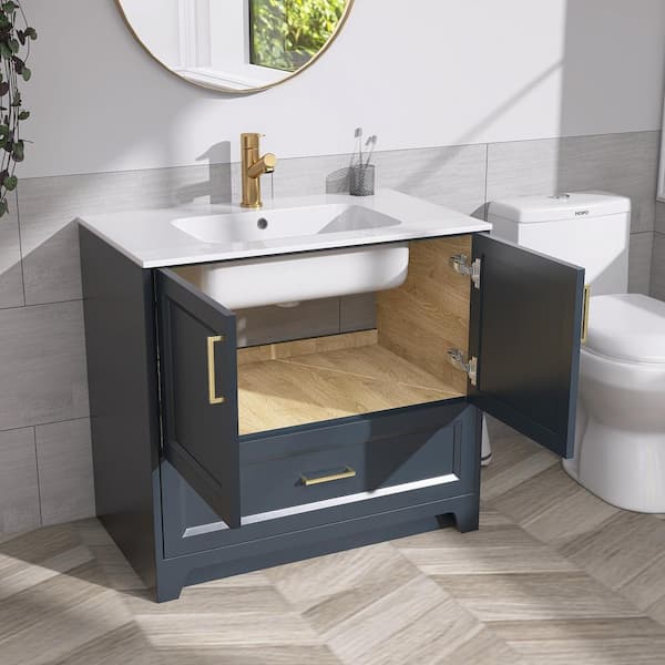36 in. Freestanding Solid Wood Bath Vanity Cabinet in Navy Blue with Solid Surface White Countertop with Single Sink