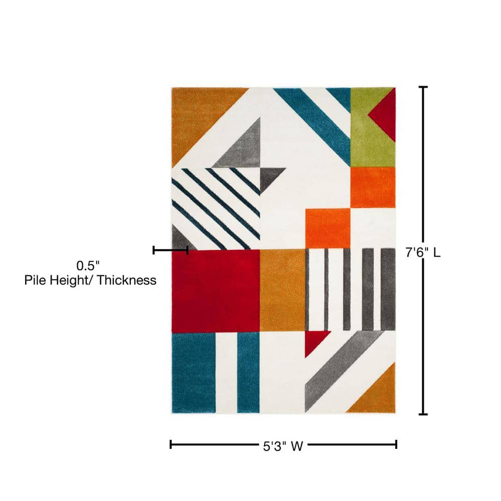 Ivory and Peacock Blue Geometric Mid-Century Modern Area Rug