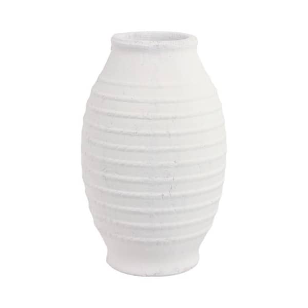 Liv & Skye 16 in. White Terra Cotta Round Rope Ribbed Decorative Vase