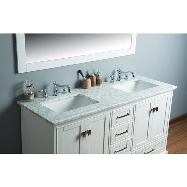 Marble Vanity Top In Carrara White, Stufurhome Newport White 60 Inch Double Sink Bathroom Vanity With Mirror